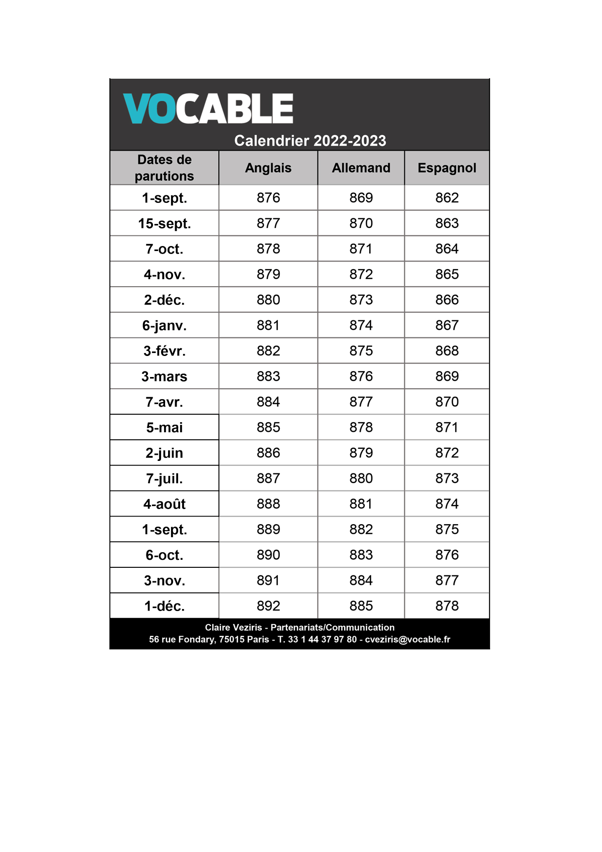 Calendrier des parutions
